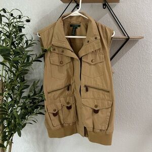 Women’s Lauren Ralph Lauren 100% Cotton Safari Vest Large Tan Snap Front Polo